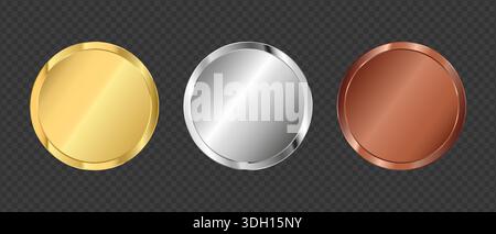 Goldenes Silber und Bronze Leere Medaille Award 3D Symbol auf schwarzem Hintergrund, realistisches Metallknopf-Design, Qualitätsabzeichen Stock Vektor