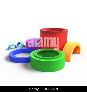 3D-farbige, geometrische Formen auf weißem Hintergrund. 3D-geometrische Formenillustration. Stockfoto