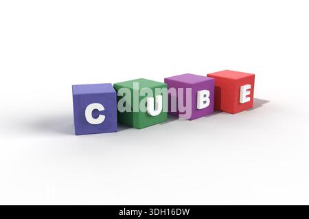 Farbige Würfel auf weißem Hintergrund. 3D-Rendern von blauen, grünen, roten und violetten Würfeln. 3D-Illustrationswürfel Stockfoto
