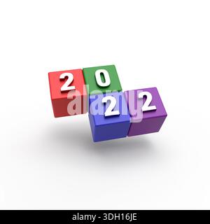3D-Abbildung 2022 und farbige Würfel. 3D-Rendern 2022 auf weißem Hintergrund Stockfoto
