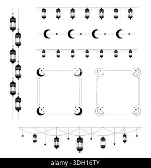 Vertikal hängende Laternenränder, horizontale Mondteiler, nahtlose Laternengirlanden und quadratische Rahmen mit Halbmond- und Sternmotiven in schwarzen Silhouetten Stock Vektor