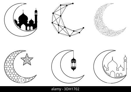 Schwarze islamische Mondmondmotive mit massiver MoscheSilhouette, geometrischem Muster, Punktmuster, geometrischem Sternmuster, hängender Laterne Stock Vektor