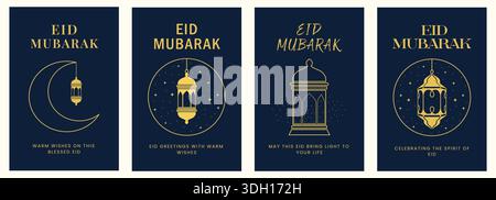 Minimalistische Eid Mubarak Moderne Grußkarten mit goldenen Laternen-Motiven auf dunkelblauem Hintergrund. Vektorillustration für islamische Feiertage. Stock Vektor