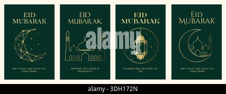 Vertikale Eid Mubarak Grußkarten Set mit goldenen Linien eines Mondkonstellation, Moschee und verzierte Laterne auf dunkelgrünem Hintergrund Stock Vektor