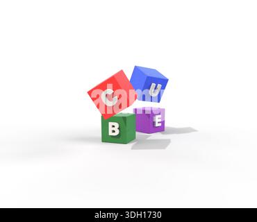 Farbige Würfel auf weißem Hintergrund. 3D-Rendern von blauen, grünen, roten und violetten Würfeln. 3D-Illustrationswürfel Stockfoto