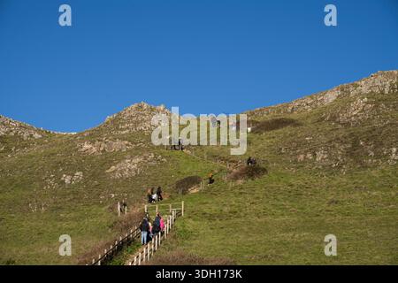 An einem sonnigen Wintertag laufen die Menschen die steilen Stufen nach Brean Down in Somerset hinauf. Stockfoto