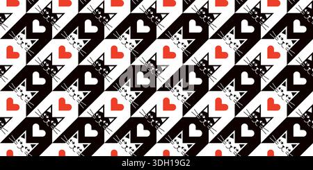 Lustiger Vektor-schwarzes und weißes Hahnentrittvektor nahtloses Muster mit Katzen und Herzen, Tiercheck-Hintergrund für Stoffdesign Stock Vektor