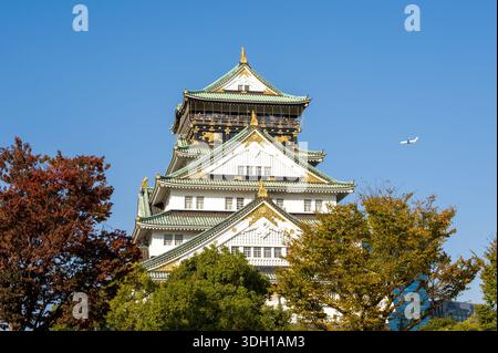 Osaka, Japan - 7. November 2023: Der Hauptturm der Burg Osaka ist von vorne zu sehen, umgeben von Herbstbäumen unter einem klaren blauen Himmel, mit einem Flugzeug im Hintergrund. Stockfoto