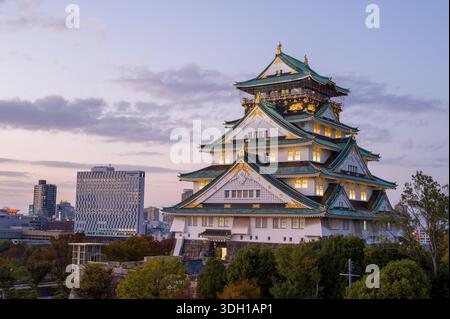 Osaka, Japan - 7. November 2023: Der Hauptturm der Burg Osaka wird in der Abenddämmerung beleuchtet, mit umliegenden Bäumen im Vordergrund und modernen Stadtgebäuden im Hintergrund unter teilweise bewölktem Himmel. Stockfoto