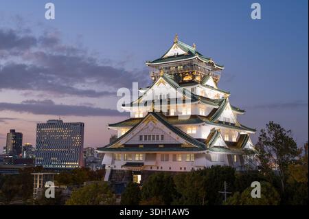 Osaka, Japan - 7. November 2023: Der Hauptturm der Burg Osaka wird bei Nacht beleuchtet, mit modernen Stadtgebäuden und Bäumen im Hintergrund unter dem Dämmerungshimmel. Stockfoto