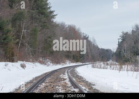 Im Winter durchqueren Eisenbahngleise die Wildnis von Ontario Stockfoto