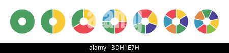 Donut-Diagramme, Torten segmentiert auf 1 bis 7 gleiche Teile. Diagramme Infografik Kreisschnittdiagramm von einem bis sieben Schritten. Die Räder sind in Abschnitte unterteilt Stock Vektor