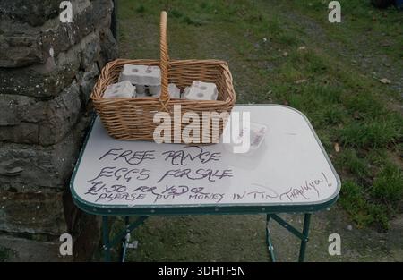 Eine rustikale Ehrentasche und ein Holzständer für den Verkauf von Eiern aus Freilandhaltung an einem Bauernhof im ländlichen Norfolk, Großbritannien. Diese typische Szene des britischen ländlichen Raums veranschaulicht das traditionelle „Ehrlichkeitssystem“, bei dem Kunden die Zahlung in einem sicheren Kästchen auf der Grundlage gegenseitigen Vertrauens hinterlegen. Stockfoto