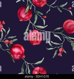 Nahtloses Muster mit Aquarellillustration von Granatapfel mit rosa Blumen. Handgemalter Druck mit tropischem Fruchtzweig mit grünen Blättern Stockfoto