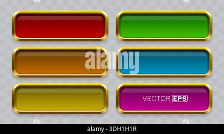 Setzen Sie farbenfrohe Webtasten mit goldenen Rändern, ideal für das Design von Benutzeroberflächen. Vektorabbildung Stock Vektor