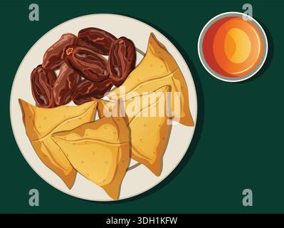 Flache Vektor-Illustration von Iftar Mahlzeit mit vier goldenen Samosas und einem Haufen Datteln auf einem weißen Teller neben einem Glas Orangensaft. Stock Vektor