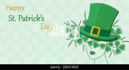 Happy St. Patricks Day Banner Kopierraum Vorlage mit Mädchen Silhouette in Leprechaun Hut und Klee. Isolierte Vektor-Illustration St. Patrick Day Gruß, Thema oder Promo Karten Poster, Medienpost, Tag Stock Vektor