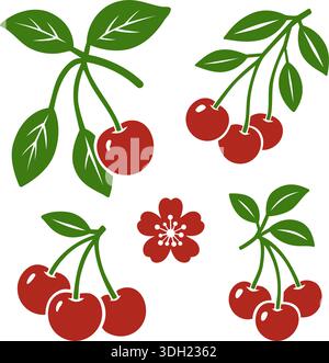 Kirschgarnitur mit Früchten, Blumen und Blättern. Flache Vektor-Frucht-Kollektion für Sommer-Food-Designs, natürliche Muster und dekorative Kunstwerke Stock Vektor