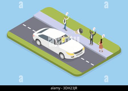 Isometrischer flacher 3D-Vektor-Illustration von Müll aus dem Fahrzeug, Person, die während der Fahrt leichtsinnig Müll aus dem Auto wegwirft Stockfoto