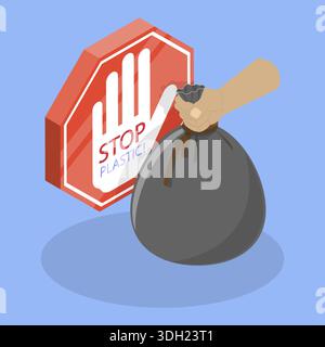 3D Isometrischer flacher Vektor Illustration von Kunststoff stoppen und Umweltverschmutzung reduzieren, sagen Sie Nein zu Plastiktüten Stockfoto