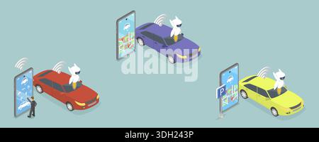 3D Isometrischer flacher Vektor Illustration der künstlichen Intelligenz Technologie, Satz von Vektorabbildungen, die abstrakte Konzepte des autonomen Fahrzeugs T darstellen Stockfoto