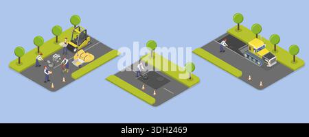 Isometrischer Flachvektor-3D-Illustration von Rout im Bau, Set für Straßenwartung und -Reparatur-Konzept Stockfoto