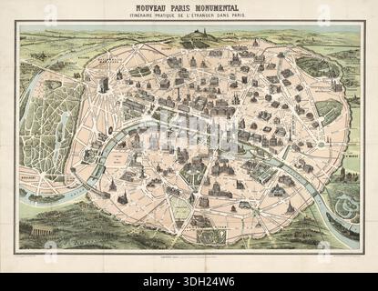 Nouveau Paris Monumental itineraire Pratique de l'Etranger – Eine bezaubernde Touristenkarte der Belle Epoque von Paris mit dem Titel „Nouveau Paris Monumental: Itinéraire Pratique de l'étranger dans Paris“. Diese Farblithografie wurde um die Wende des 20. Jahrhunderts von Garnier Frères veröffentlicht und bietet eine Perspektive aus der Vogelperspektive der Stadt, die speziell für ausländische Besucher entworfen wurde. Die Karte zeigt dreidimensionale Illustrationen von Pariser berühmtesten Denkmälern, einschließlich des Eiffelturms, des Louvre und der neu fertiggestellten Sacré-Cœur in Montmartre. Die Stadt ist mit ihren großen Boulevards dargestellt, Stockfoto