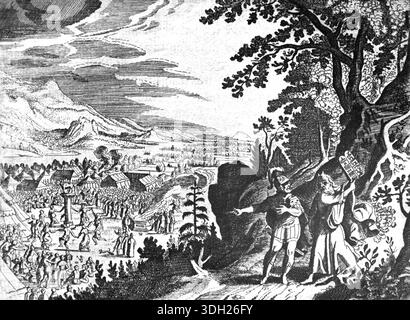 Moses wird Zeuge der Anbetung eines Goldenen Kalbes und bricht in Zorn zwei Steintafeln, die mit Gesetz eingeschrieben sind. Buch des Exodus 32. Vintage oder historische Holzgravur oder Illustration aus der französischen Bibel 1683. Stockfoto