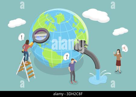 3D Isometrischer flacher Vektor Illustration der Wassererhaltung, Erhaltung der natürlichen Ressourcen für Nachhaltigkeit Stockfoto