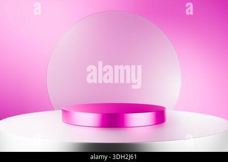 Minimalistischer 3D-Podium mit rosa Hintergrund und leuchtendem Neonkreis Stockfoto