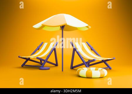 Abstrakte 3D-Strandszene mit Sonnenschirmen und Stühlen auf orangefarbenem sonnigem Hintergrund Stockfoto