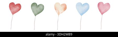 Set mit Aquarellillustrationen von Ballons in Herzform, rot, blau, rosa, Elemente isoliert auf weißem Hintergrund, handgezeichnet, für romantischen Druck und Partydesign Stockfoto