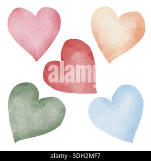 Set mit Aquarellillustrationen von Herzen, rot, blau, rosa, Elementen isoliert auf weißem Hintergrund, handgezeichnet, für romantischen Druck und Partydesign Stockfoto