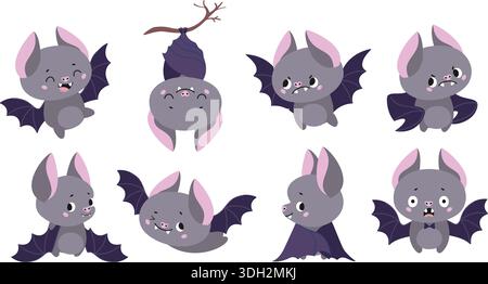 Lustige Fledermäuse. Cartoon Fledermaus verschiedene Posen, schlafend, fliegt, verängstigt. Emotionale Charaktere im wilden Wald, kindliche Maskottchen. Lustige Tiere heutzutage Vektor Stock Vektor