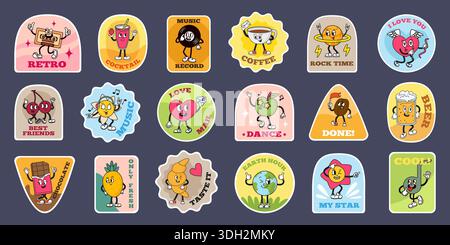 Grooviges Aufkleberdesign. Flippige Etiketten mit Retro-Charakteren. Milchshake, Herz, Blume Ananas und Croissant, Erde, Bier, neoterische Vektor Stock Vektor