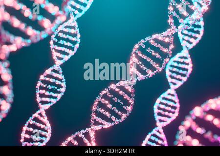 3D-Darstellung einer DNA-Doppelhelixstruktur auf dunkelblauem Hintergrund Stockfoto