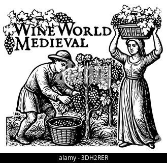 Illustration im Vintage-Stil von Menschen, die Trauben ernten. Traditionelles Holzschnitt-Aussehen, ländliche Landwirtschaft, Traubenernte und Weinbergsarbeiten dargestellt in Stock Vektor