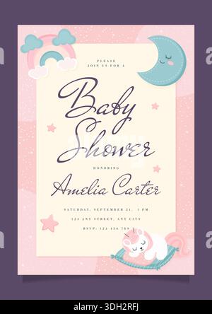 Einladungskarte für die Babydusche mit niedlichem schlafendem Regenbogenmond und Sternen für die Einrichtung neugeborener Mädchen. Stock Vektor