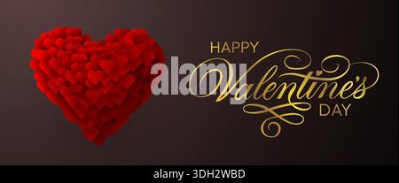 Happy Valentines Day Gruß mit einem wunderschönen Herzdesign, goldenen Kalligraphie und einem leuchtenden roten Herz. Vektorabbildung Stock Vektor