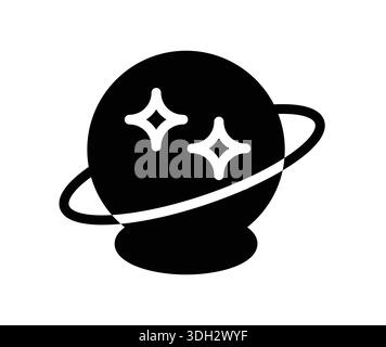 Diese minimalistische Schwarz-weiß-Ikone verfügt über einen stilvollen Planeten, der von einem Ring und funkelnden Sternen umgeben ist, und ist perfekt für kreative Projekte, die sich auf Spa konzentrieren Stock Vektor