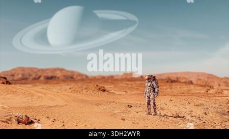 Astronaut erforscht den Planeten Mars. Elemente dieses Bildes werden von der NASA bereitgestellt. Stockfoto