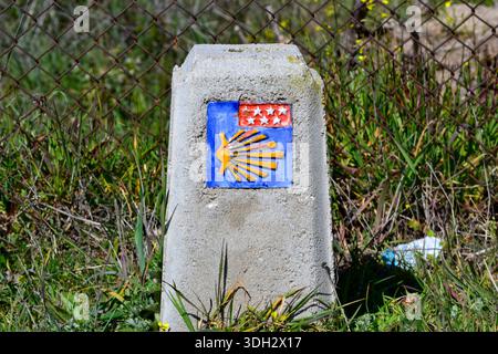 Kleiner Steinmonolith, der den Jakobsweg markiert und das traditionelle Symbol des Pilgerwegs in Galicien, Spanien, zeigt. Stockfoto