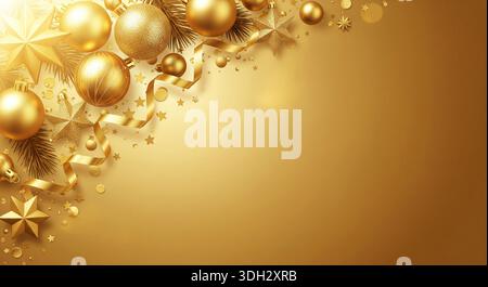 Weihnachtsrahmen mit goldenen Zweigen und goldenen Verzierungen auf hellem Hintergrund. Alles Gute zum neuen Jahr und zu den Winterferien im Hintergrund. Stockfoto