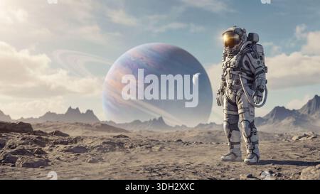 Astronaut erforscht den außerirdischen Planeten. Landschaft eines Exoplaneten mit Sonne und Planeten am Himmel. Stockfoto