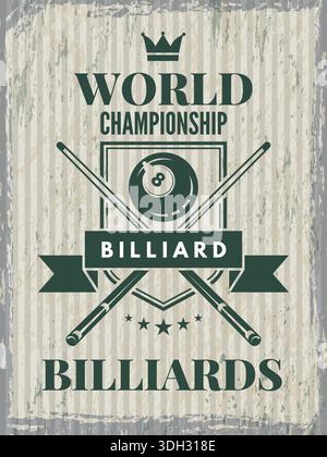 Billard-Poster. Retro-Plakat-Einladung zur Billardmeisterschaft Stock Vektor