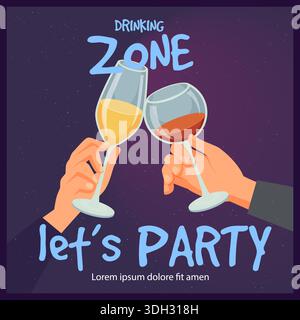 Alkoholparty. Hände halten Gläser Wein. Einladung zur Cocktailparty Stock Vektor