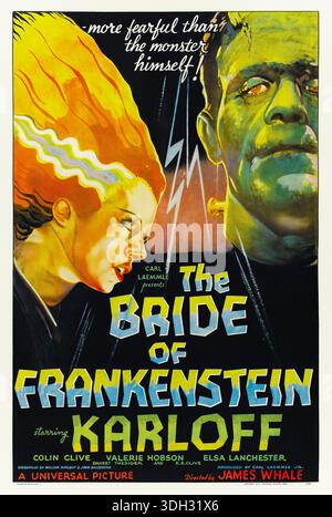 Bride of Frankenstein (1935) unter der Regie von James Whale mit Boris Karloff, Colin Clive und Elsa Lanchester. Dr. Frankenstein wird von dem finsteren Dr. Pretorius dazu gezwungen, eine weibliche Gefährtin für sein einsames Monster zu erschaffen, mit tragischen Folgen, wenn die neue Schöpfung vor Entsetzen vor ihrem beabsichtigten Gefährten zurückschreckt. Foto eines vollständig restaurierten Originalplakats aus dem Jahr 1935 mit einem Blatt, das AUSSCHLIESSLICH ZUR REDAKTIONELLEN VERWENDUNG von Karoly Grosz DIENT. Quelle: BFA / Universal Pictures Stockfoto
