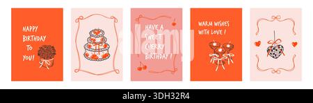 Set aus minimalistischen, ästhetischen „Happy Birthday“-Postern. Rotes und rosafarbenes Design zum Valentinstag. Skurriles Martini-Glas, Cocktail Stock Vektor