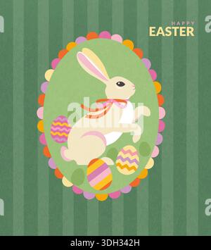 Oster-Poster mit niedlichem osterhasen und ostereiern in Vintage bunten Rahmen auf linearem grünem Hintergrund. Frühlingskulisse für Ostern. Vorlage für Design, Web, Banner, Post, Vertrieb. Vektor Stock Vektor