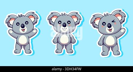 Niedliche Cartoon Koala Bär Zeichen Stehender Aufkleber Set Vektor-Illustration Stock Vektor
